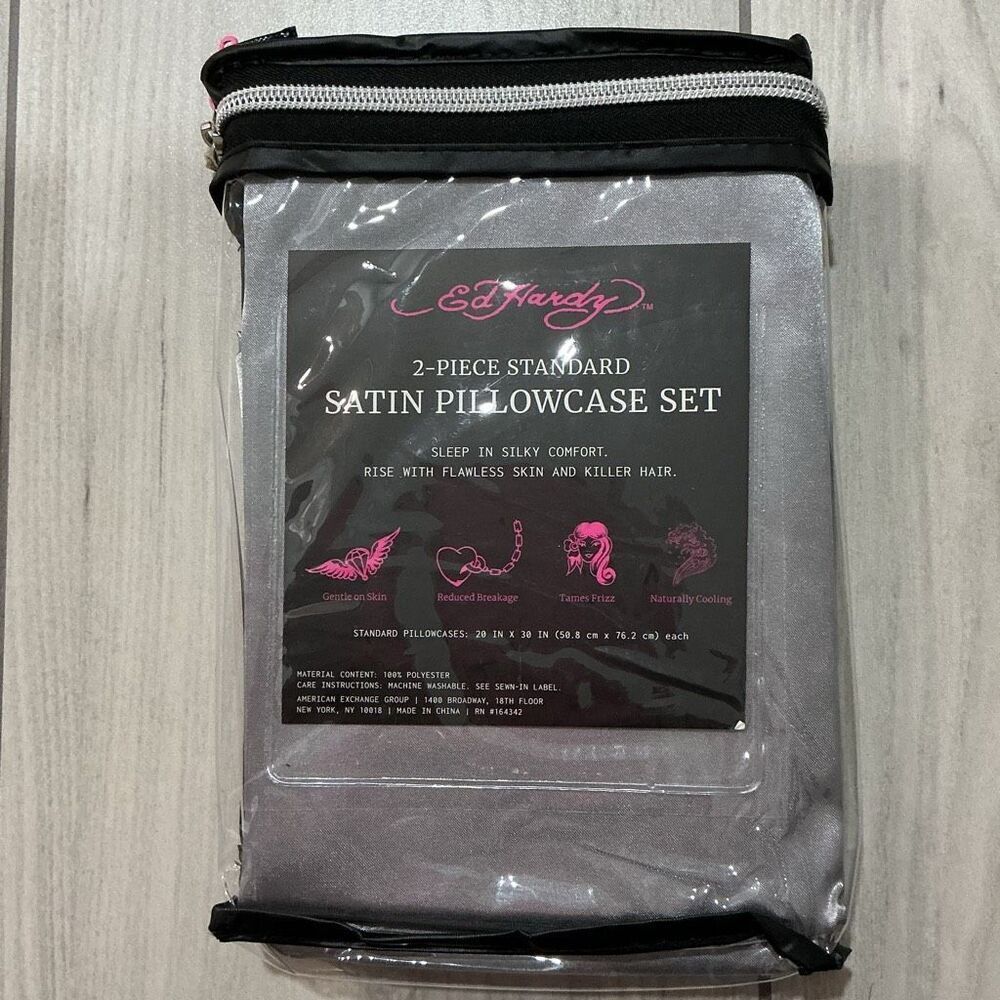 Ed Hardy NWT‎ 2-Piece Satin Pillowcase Set – Silver, Standard